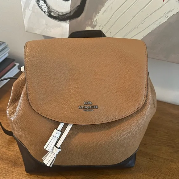 Coach Tan and Black Leather Backpack with White Accents - Picture 2 of 9